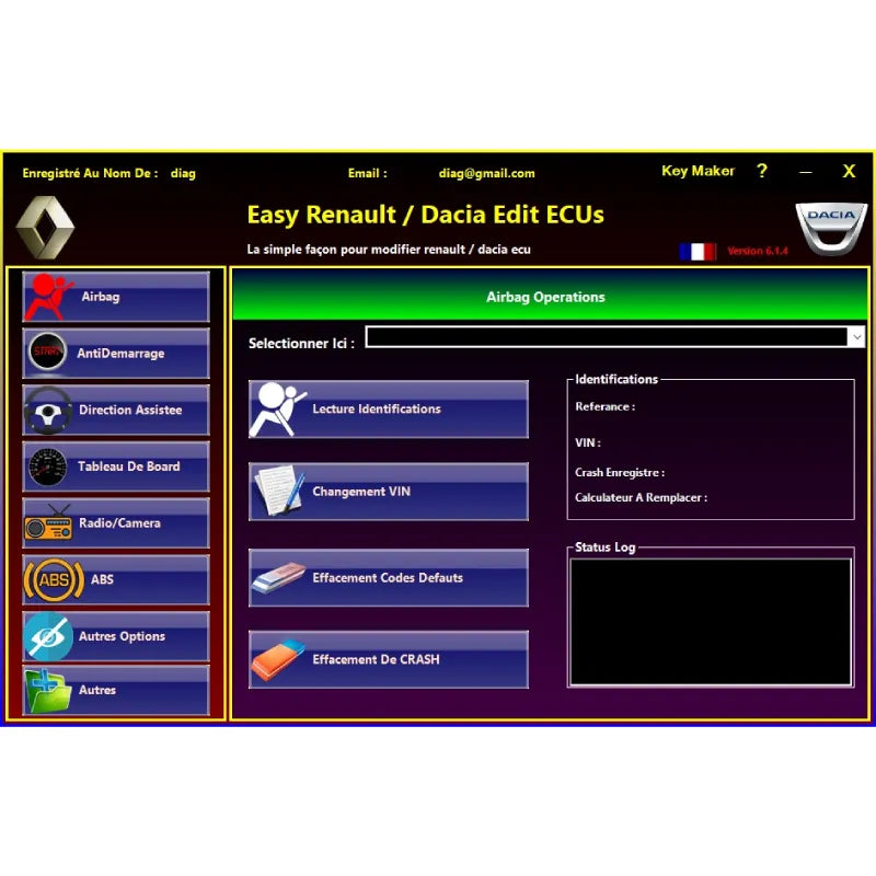 Easy Renault 6.1.4 – Module Airbag avec lecture des identifiants, changement de VIN, effacement des codes défauts et effacement du crash airbag.