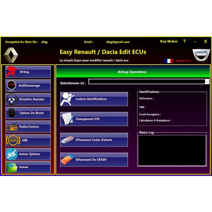 Easy Renault 6.1.4 – Module Airbag avec lecture des identifiants, changement de VIN, effacement des codes défauts et effacement du crash airbag.
