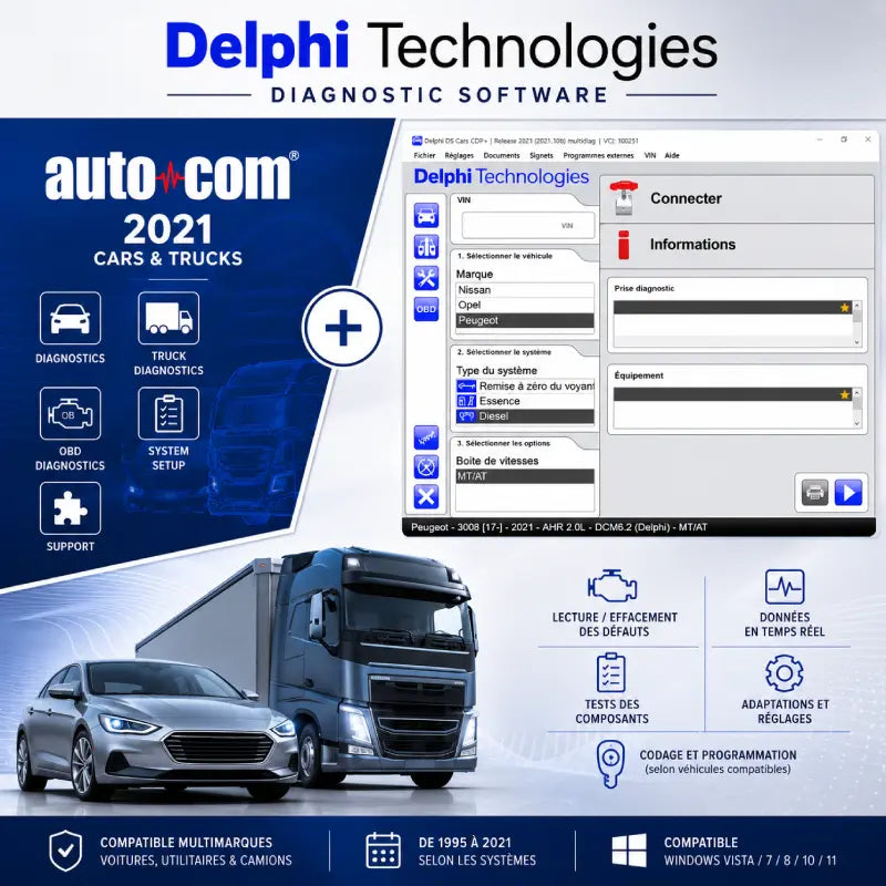 Delphi AutoCom 2021 dernière version logiciel de diagnostic multimarque voitures utilitaires et camions 