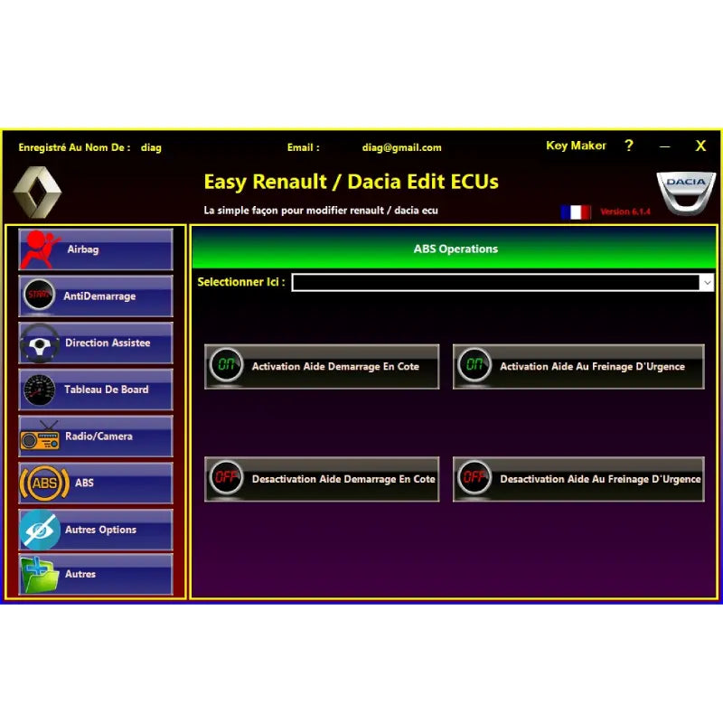 Easy Renault 6.1.4 – Module ABS avec activation et désactivation de l'aide au démarrage en côte et de l'aide au freinage d'urgence.