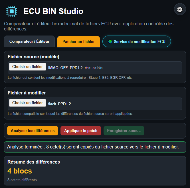 ECU BIN Studio - Comparateur de fichiers ECU avec fonction Patch permettant de comparer, analyser et modifier des fichiers de reprogrammation moteur.