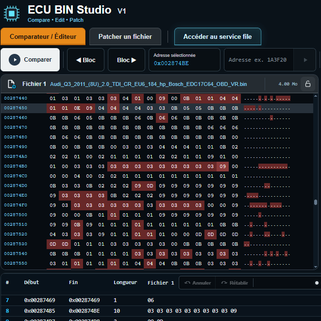 ECU BIN Studio - Comparateur de fichiers ECU avec fonction Patch permettant de comparer, analyser et modifier des fichiers de reprogrammation moteur.