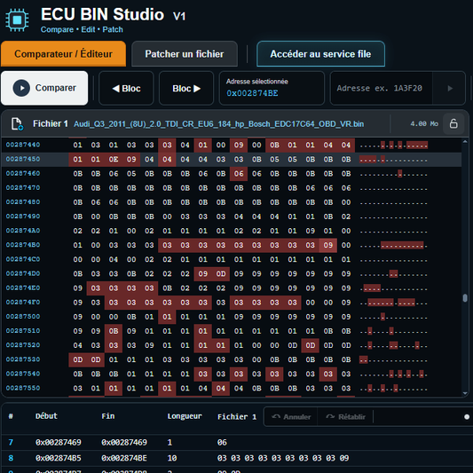 ECU BIN Studio - Comparateur de fichiers ECU avec fonction Patch permettant de comparer, analyser et modifier des fichiers de reprogrammation moteur.