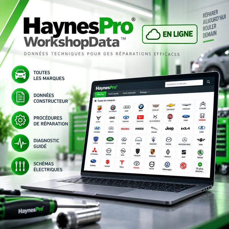 HaynesPro en ligne avec toutes les marques automobiles compatibles et accès aux données techniques constructeur.