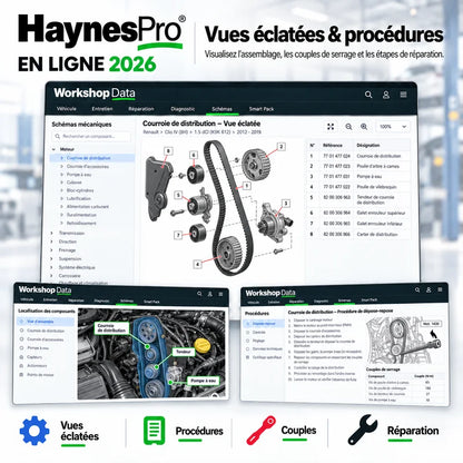 HaynesPro en ligne avec vues éclatées de distribution, procédures de réparation et données techniques automobiles.