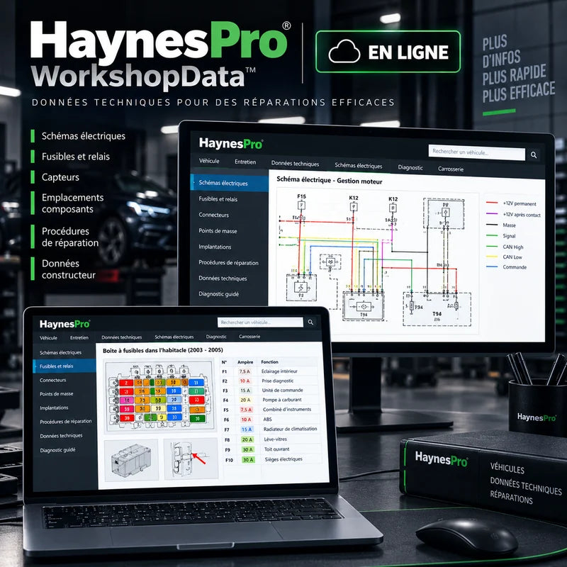 HaynesPro WorkshopData en ligne avec schémas électriques, fusibles et relais pour la réparation automobile.