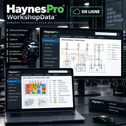 HaynesPro WorkshopData en ligne avec schémas électriques, fusibles et relais pour la réparation automobile.