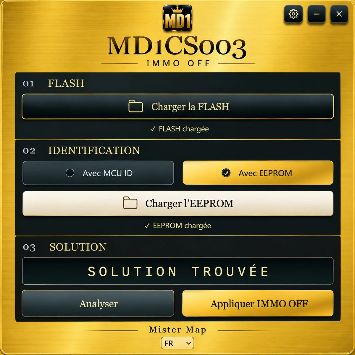 Logiciel IMMO OFF Bosch MD1CS003 Mister Map – Interface en or avec chargement FLASH et EEPROM, identification MCU ID et application de la solution IMMO OFF.